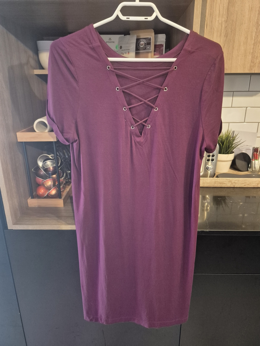 Reitmans Plum Lace-Up V-Neck T-Shirt Dress